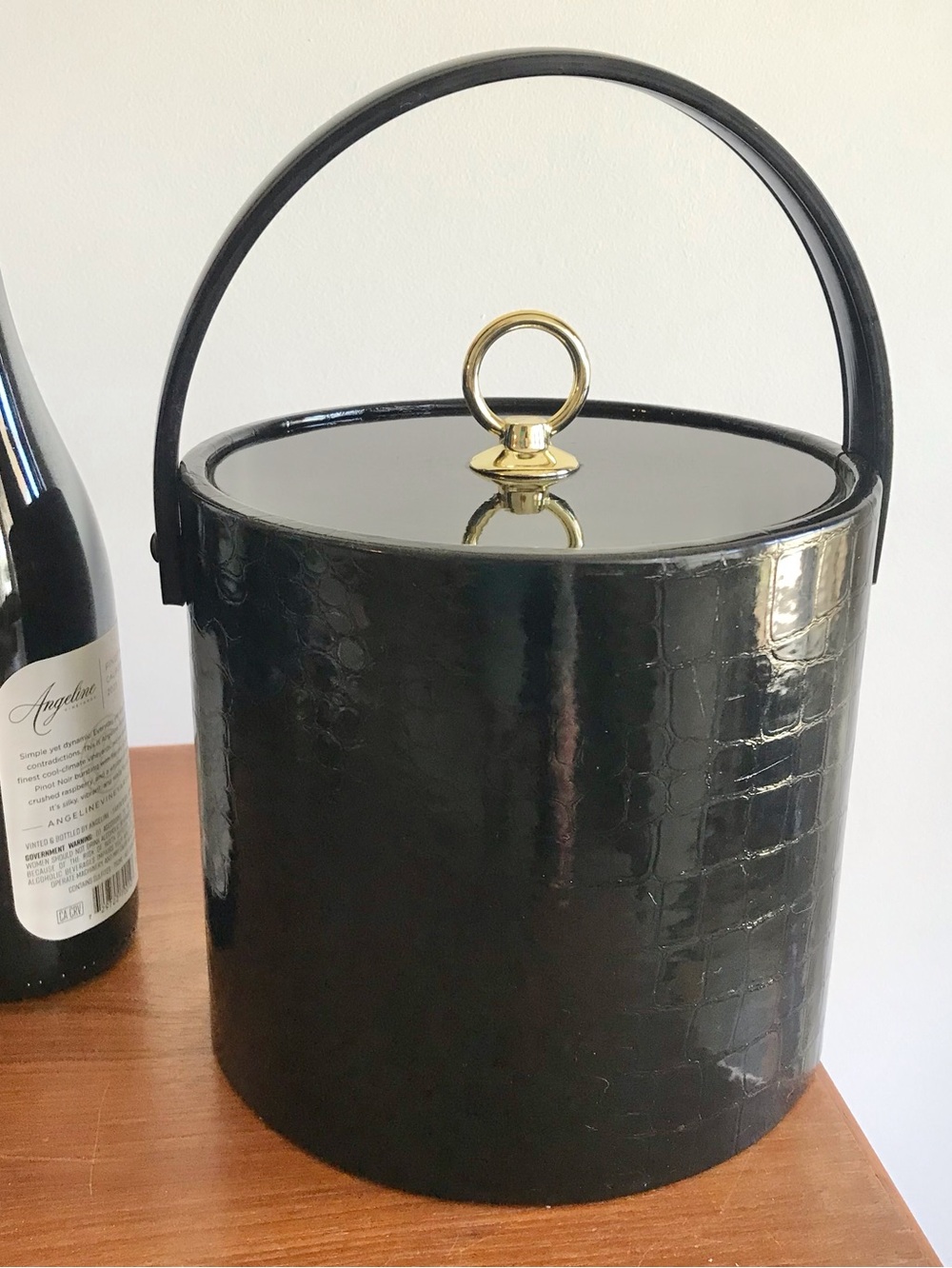 Vtg Kraftware Black Fx Alligator Ice Bucket GT Lid Hollywood Regency Barware EUC